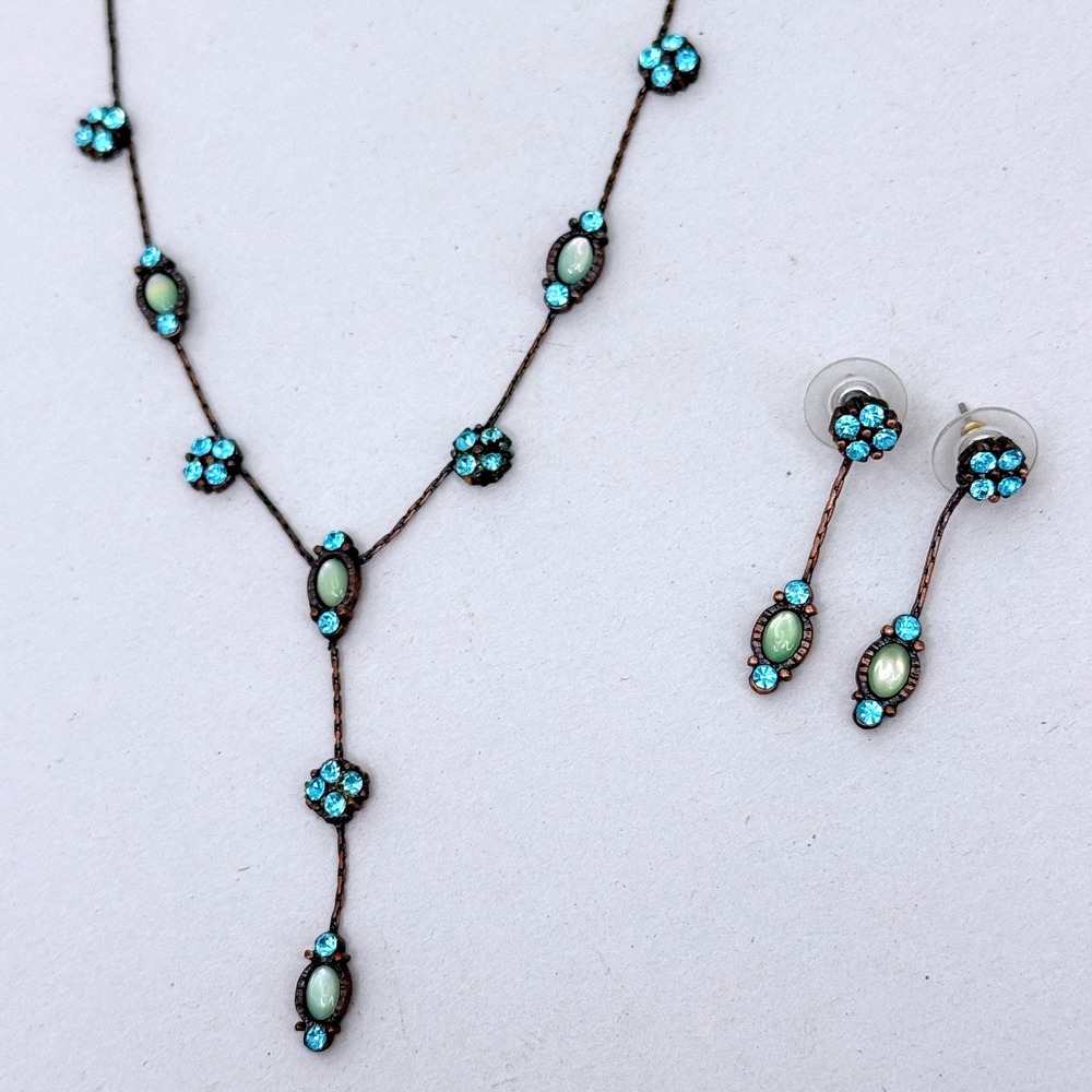 Park Lane Antique Copper Blue Rhinestone Green Cabochon Necklace Earring Set